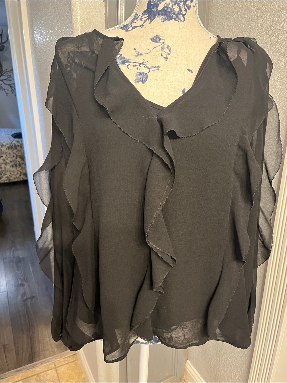 White House Black Market Black Ruffle Chiffon Blouse